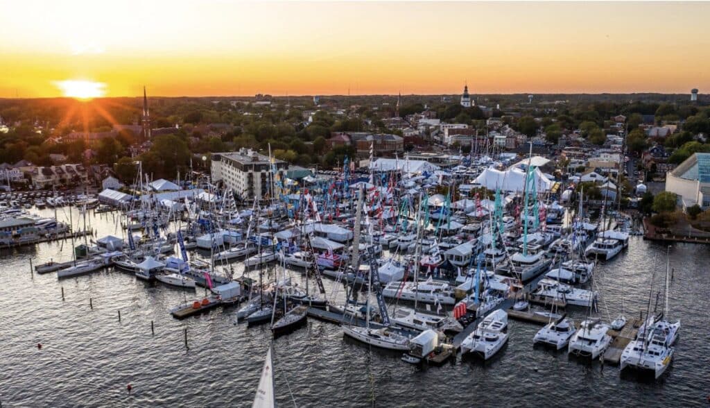 Sailboat enthusiasts travel far and wide to visit the Annapolis Boat Show each year. 
Image credit: Annapolis Sailboat Show.