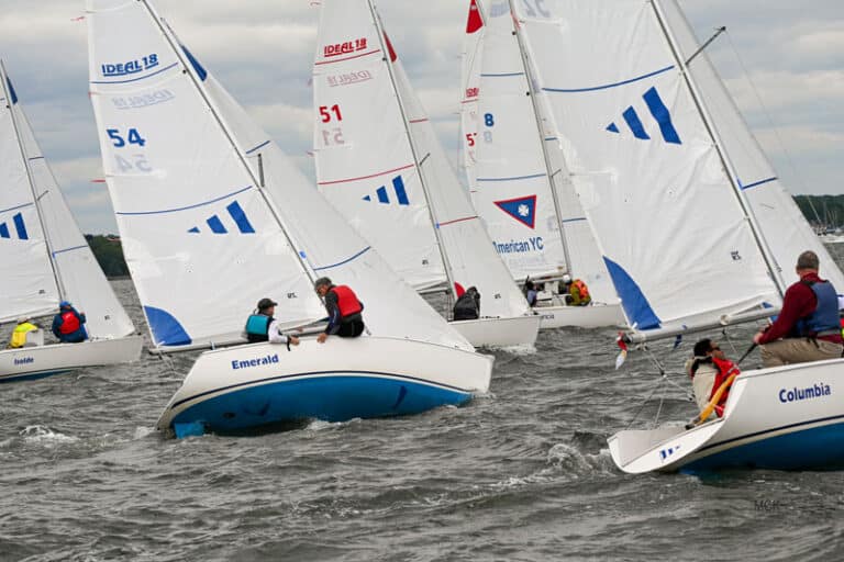 Participants start a race in windy conditions at the 2023 Robie Pierce Regatta. Photo credit – Maureen Koeppel.