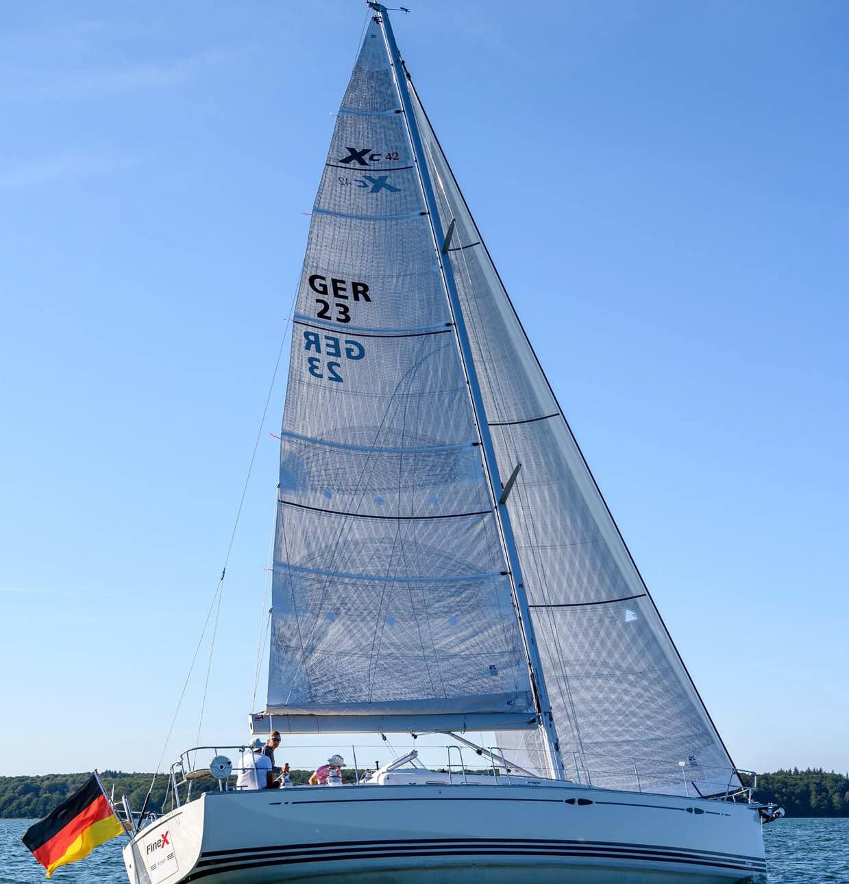 Titanium fully-battened mainsail and cruising genoa with foam luff on an XC42. Both sails have double-sided white taffeta.